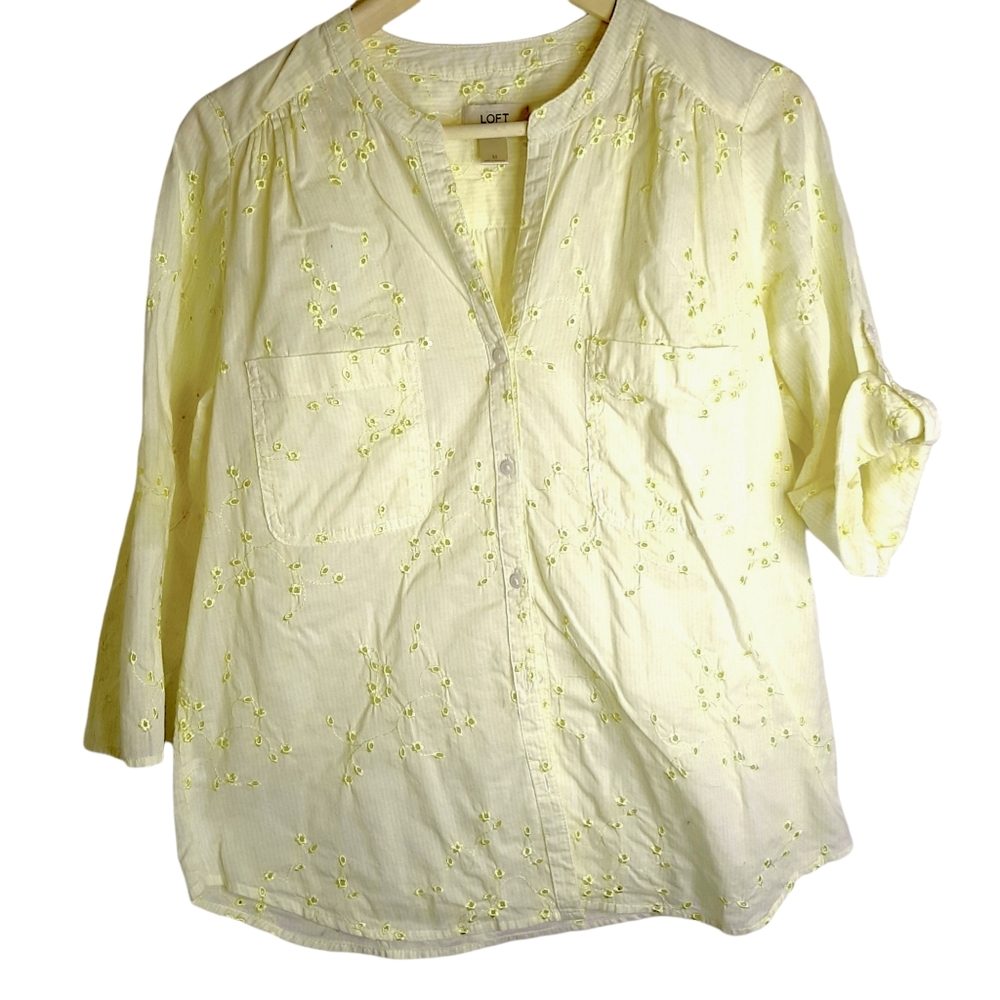 LOFT Button Down Shirt Yellow White Stripe Eyelet Embroidered Women's Size M